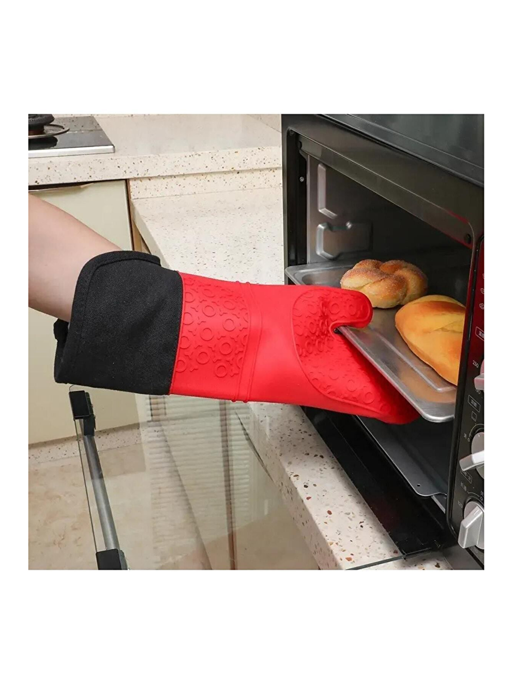 Kırmızı Silikon Yanmaz Yapışmaz Isı Yalıtımlı Mutfak Fırın Eldiveni Tencere Sahan Tutacak 37 Cm-2