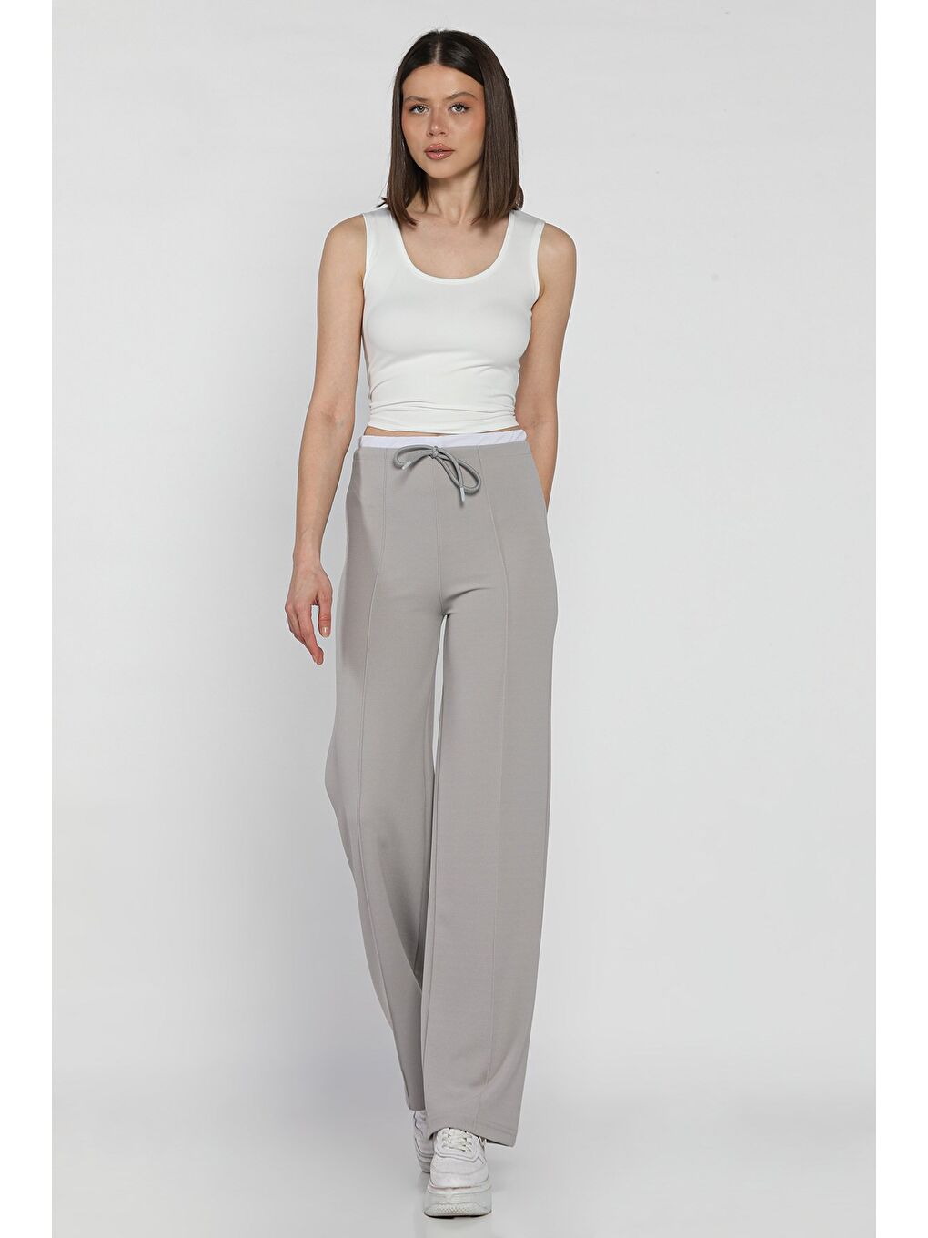 Gri Kadın Çimalı Yüksek Bel Palazzo Pantolon-1