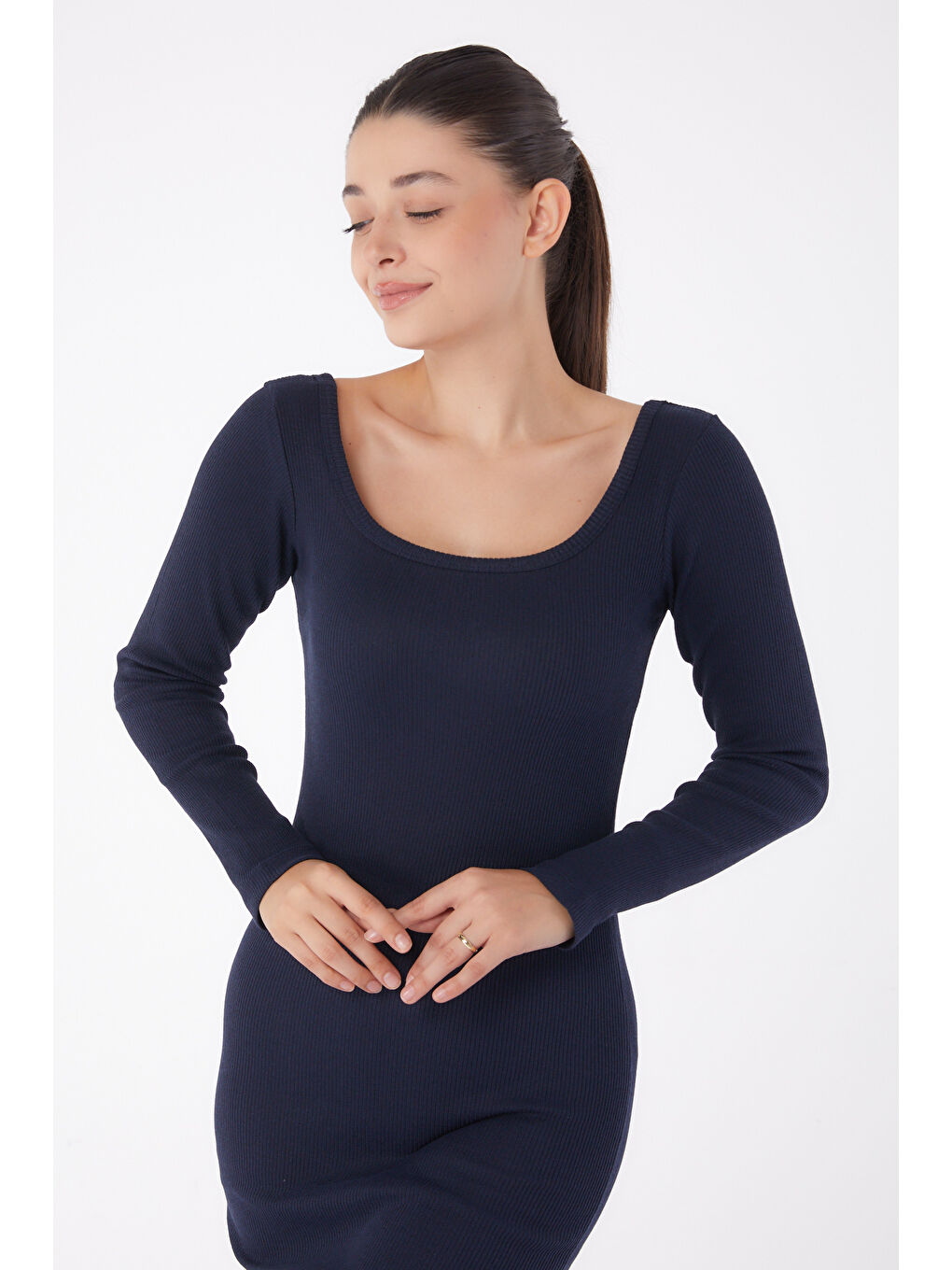 Havuz Yaka Midi Elbise Lacivert - 26125-2