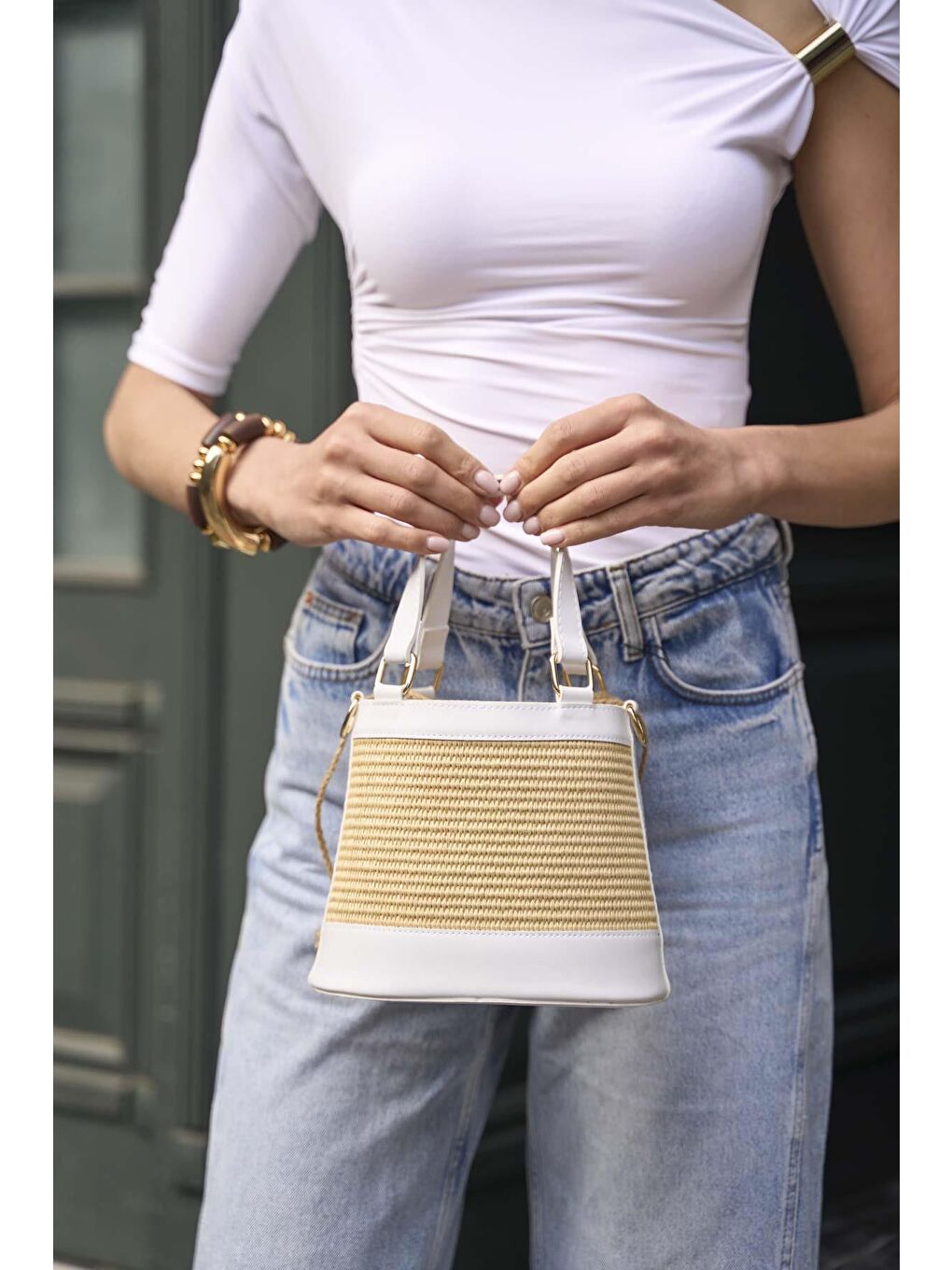 Bohem Tarzı  Kova El Ve Omuz  Çantası Beyaz Hasır-3
