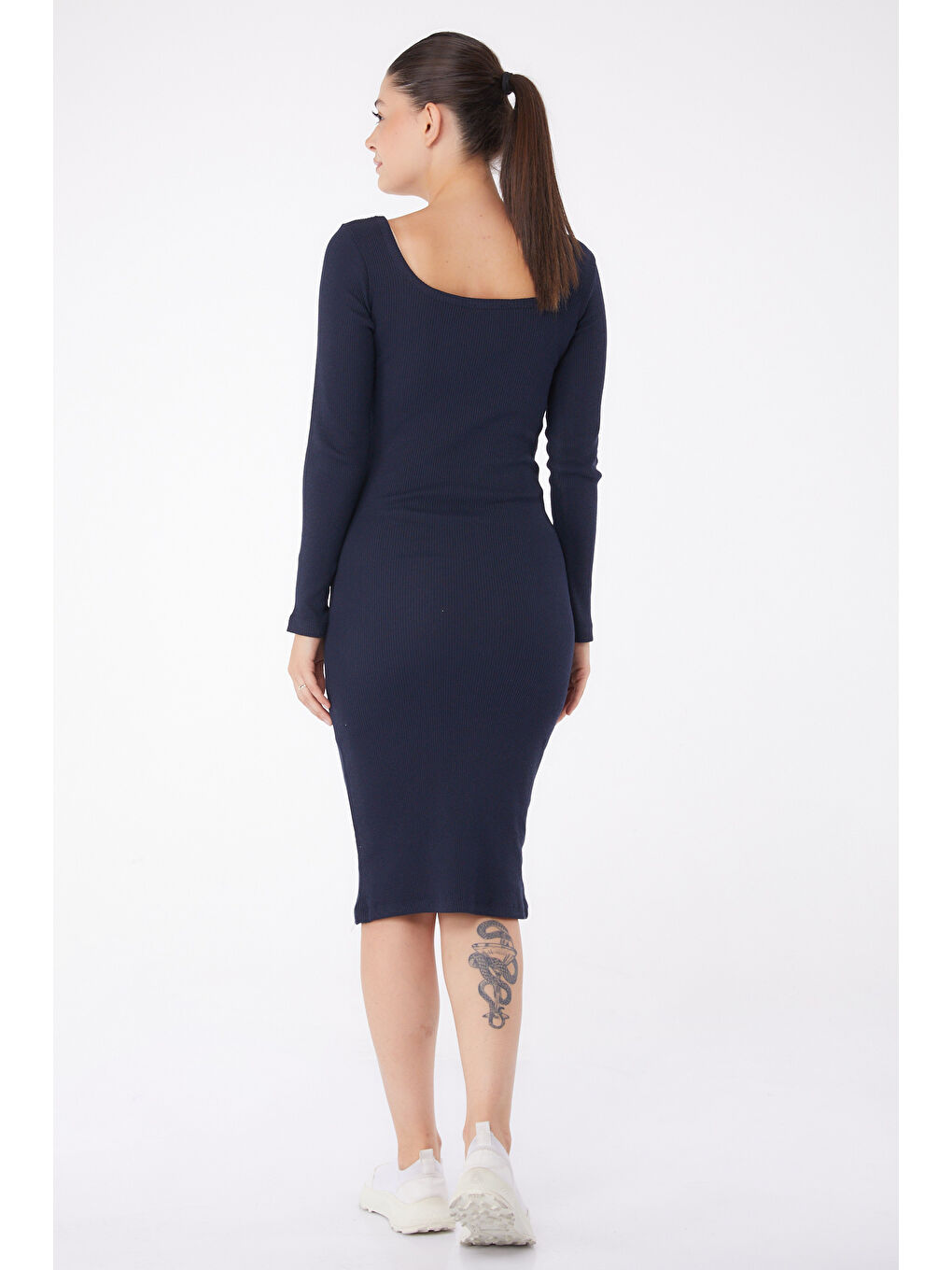 Havuz Yaka Midi Elbise Lacivert - 26125-4