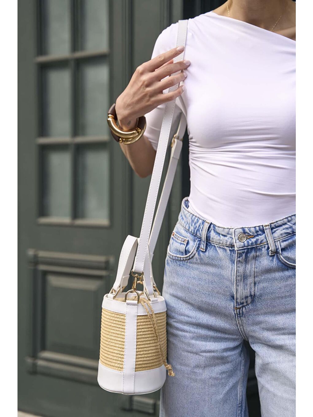 Bohem Tarzı  Kova El Ve Omuz  Çantası Beyaz Hasır-4