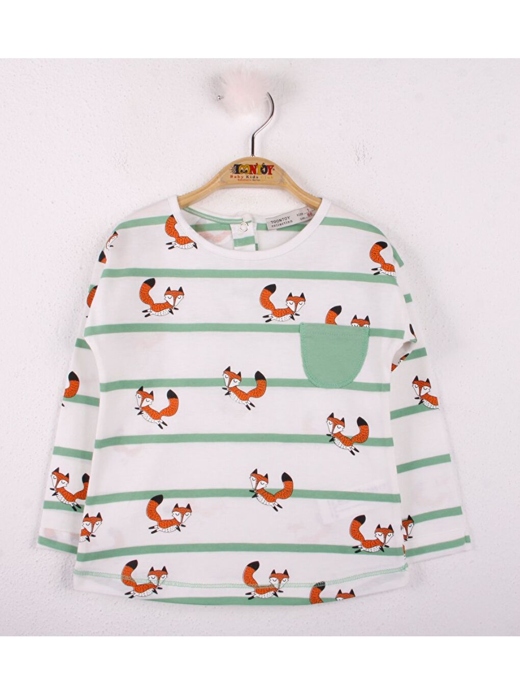 Yeşil Kız Bebek Tişört Çizgili Cepli Tilki Baskı