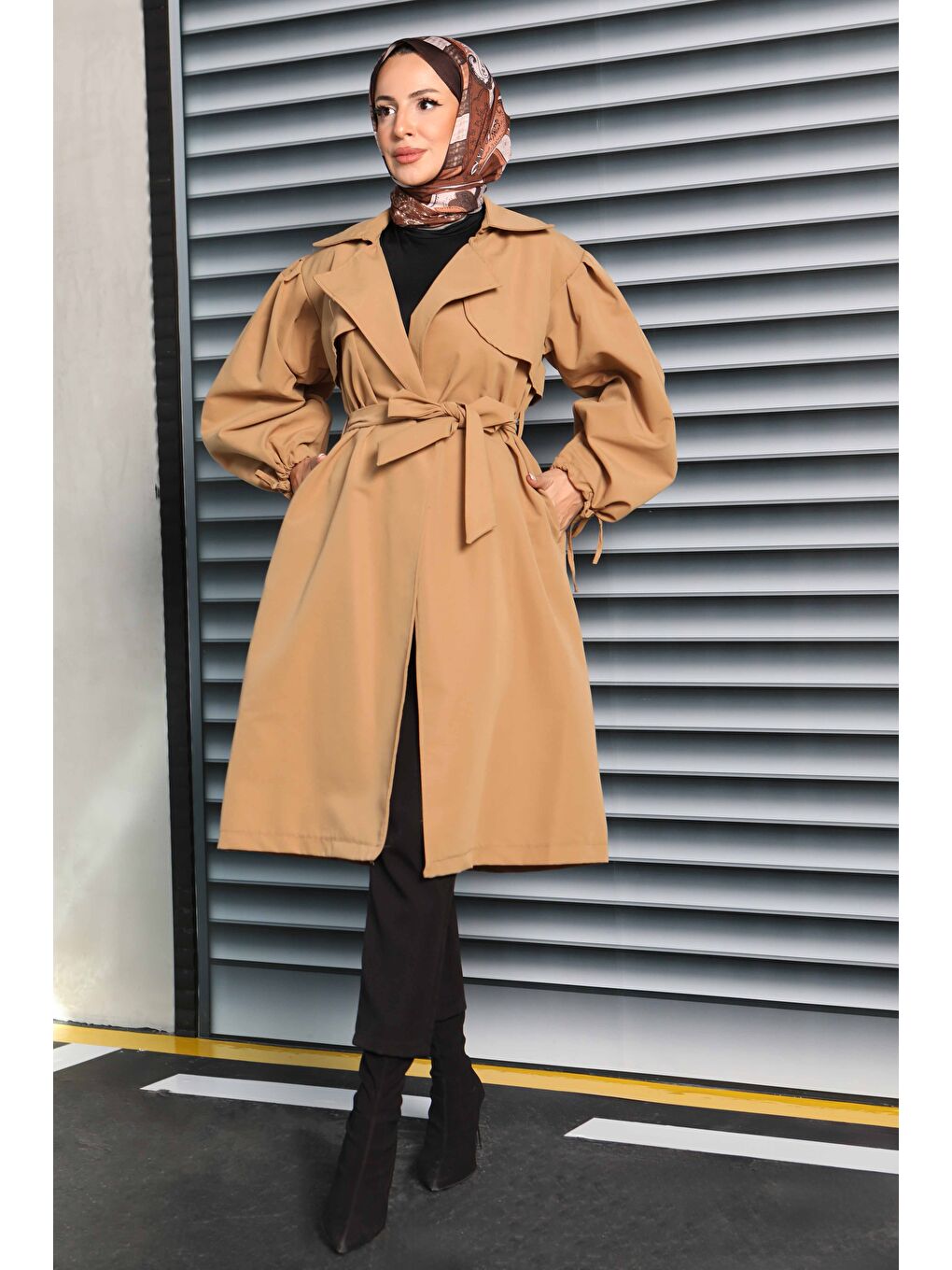 Bej Kuşaklı Kol Ucu Bağcık Detaylı Miranda Trenç Vizon - 27604-1
