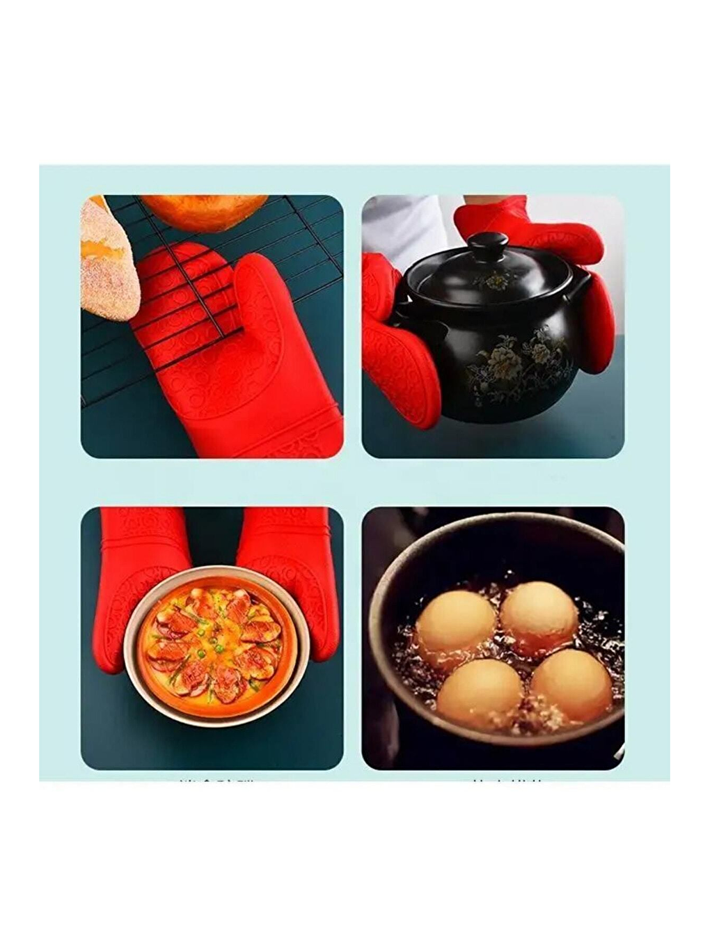 Kırmızı Silikon Yanmaz Yapışmaz Isı Yalıtımlı Mutfak Fırın Eldiveni Tencere Sahan Tutacak 37 Cm-3