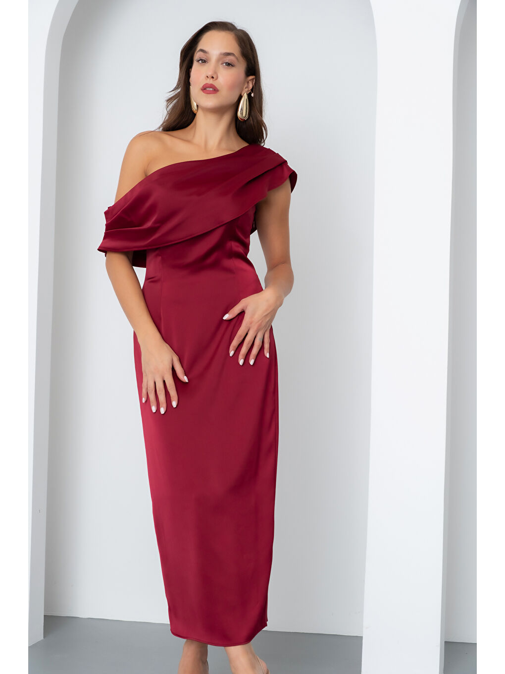 Kadın Bordo Degaje Yaka Saten Elbise-1