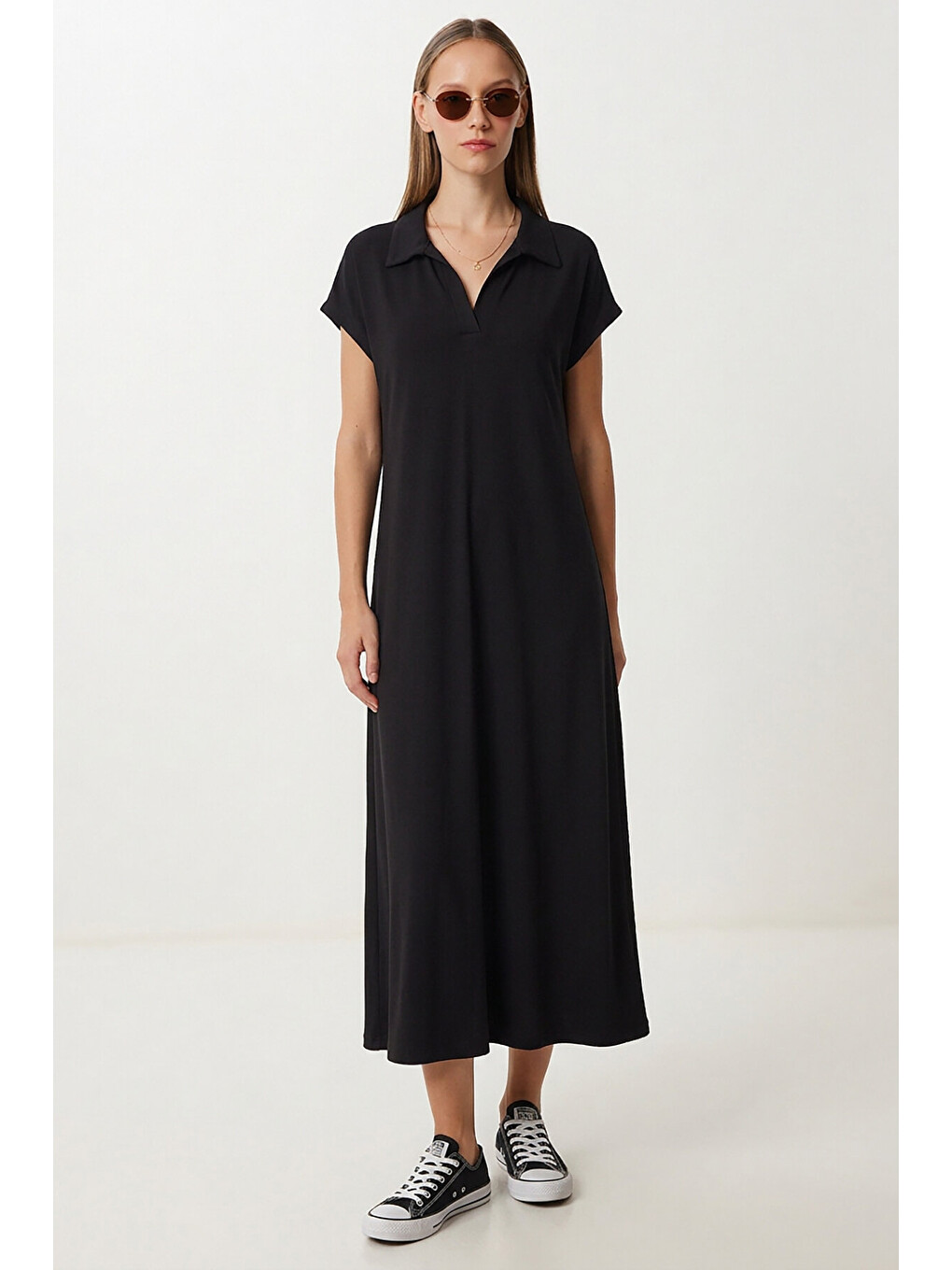 Polo Yaka Cepli Örme Elbise Siyah Ldz0038