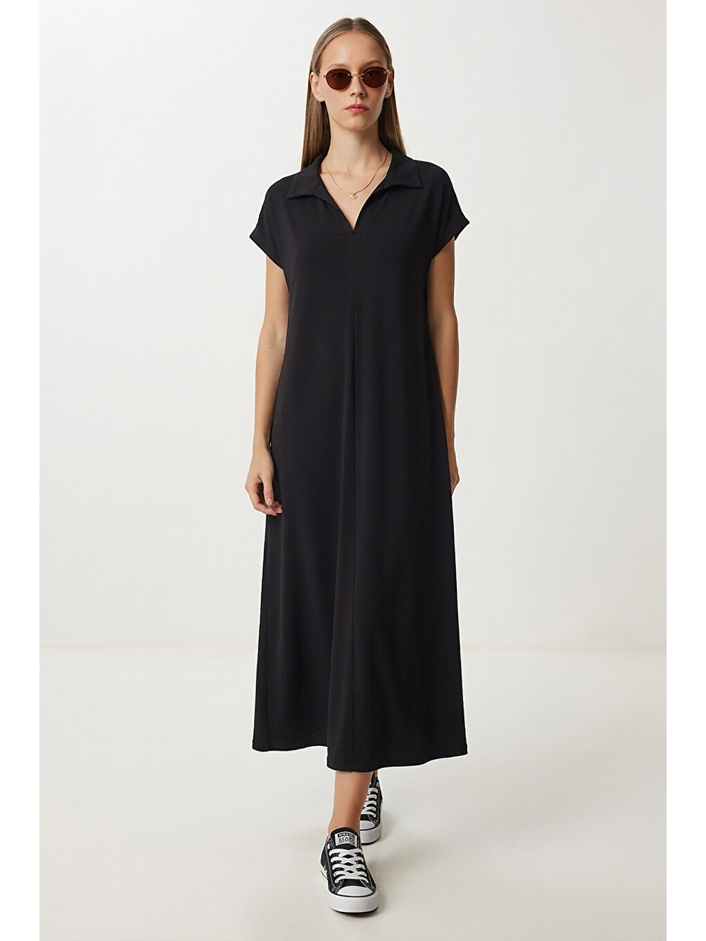 Polo Yaka Cepli Örme Elbise Siyah Ldz0038-1