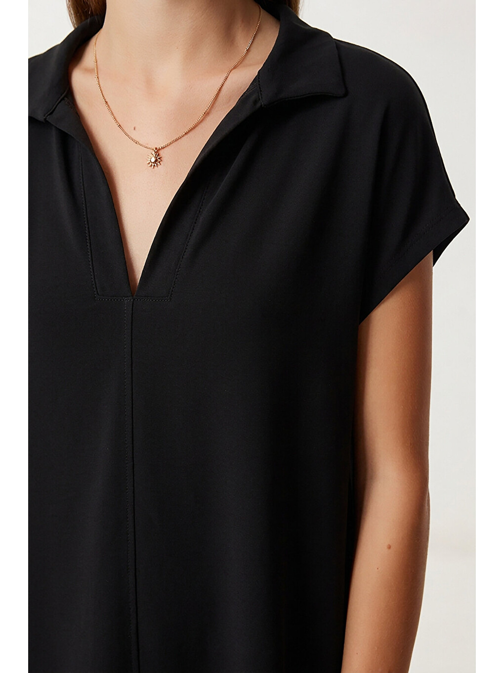 Polo Yaka Cepli Örme Elbise Siyah Ldz0038-2