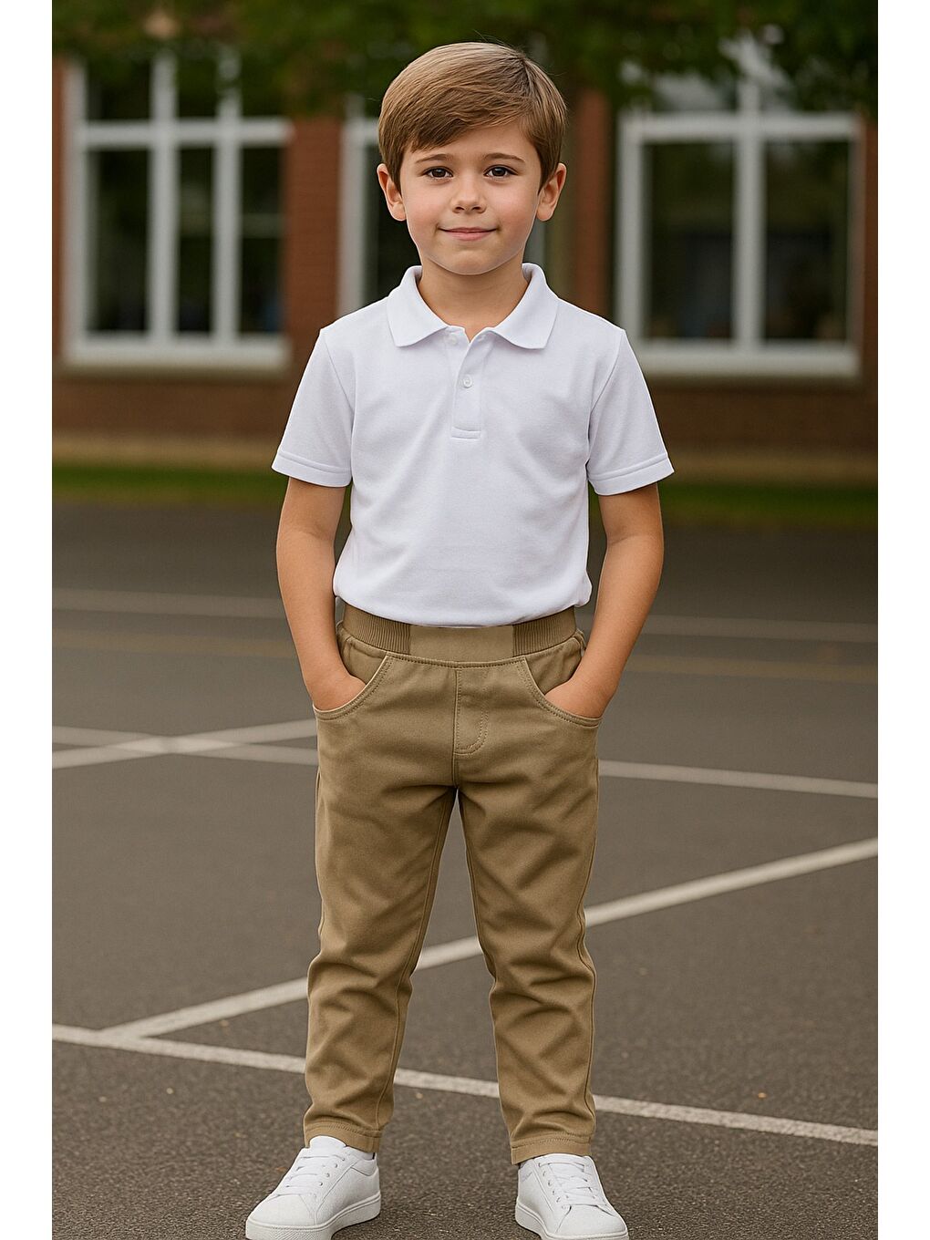 Kahverengi Beli Lastikli Erkek Çocuk Okul Pantolonu-1