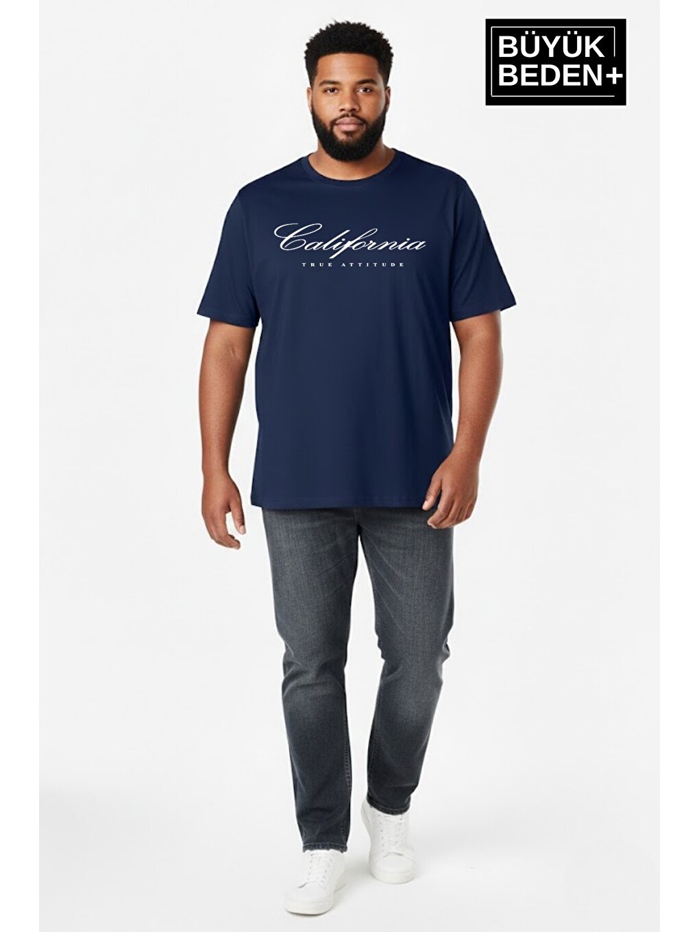 Lacivert Erkek Büyük Beden El Yazılı California Baskılı 3xl-6xl Bisiklet Yaka Tshırt Spr26tbs510-07