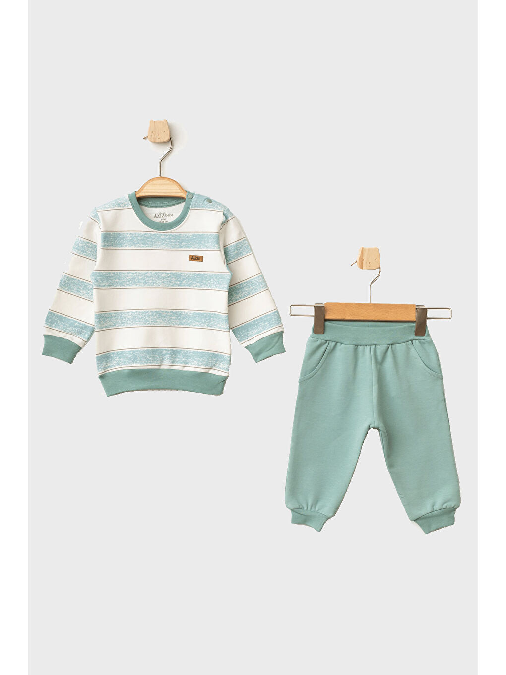Yeşil Erkek Bebek Çizgili Sweatshirt Pantolon 2 'li Alt Üst Bebek Takımı 3 Ay - 36 Ay