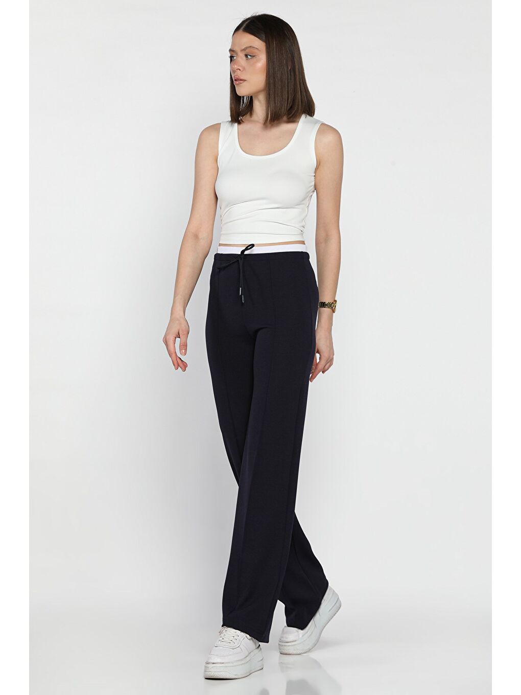 Lacivert Kadın Çimalı Yüksek Bel Palazzo Pantolon-1