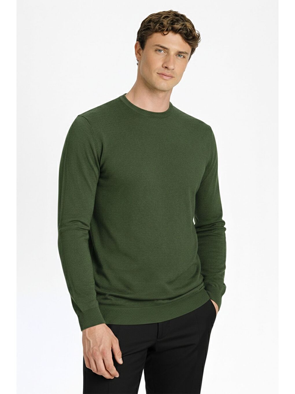 Standart Fit Koyu Yeşil Yün Karışımlı Bisiklet Yaka Düz Desen Uzun Kol Triko Kazak-1