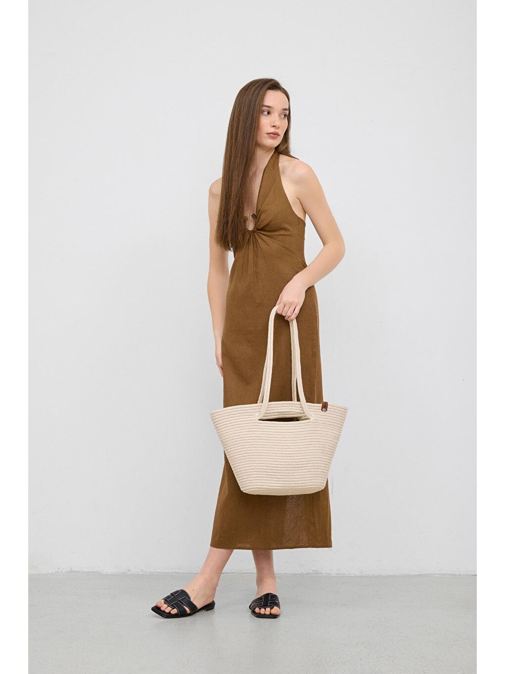 Ekru Santa Elden Tutmalı Hasır Omuz Çantası Krem-1