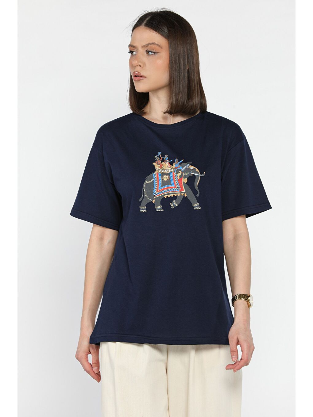 Lacivert Baskılı Taşlı Kadın Tişört-1