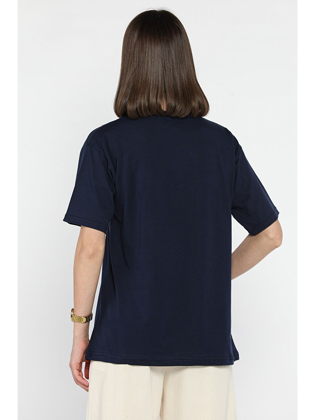 Lacivert Baskılı Taşlı Kadın Tişört-2