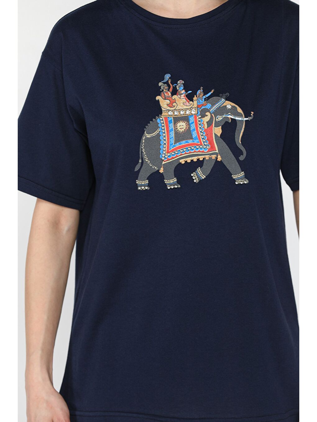 Lacivert Baskılı Taşlı Kadın Tişört-3