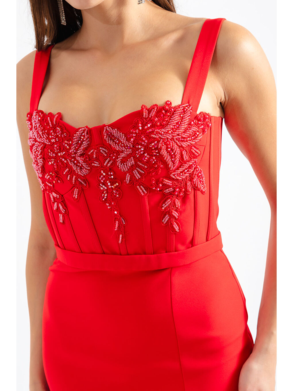 Kadın Kırmızı Taşlı Balen Korse Yırtmaçlı Uzun Abiye-1