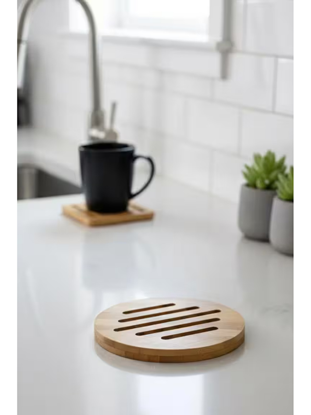 Bej Bambu Çizgili Yuvarlak ve Kare Nihale, Bambu Nihale Tencere, Tava, Çaydanlık Altı Altlık, 17 Cm-4