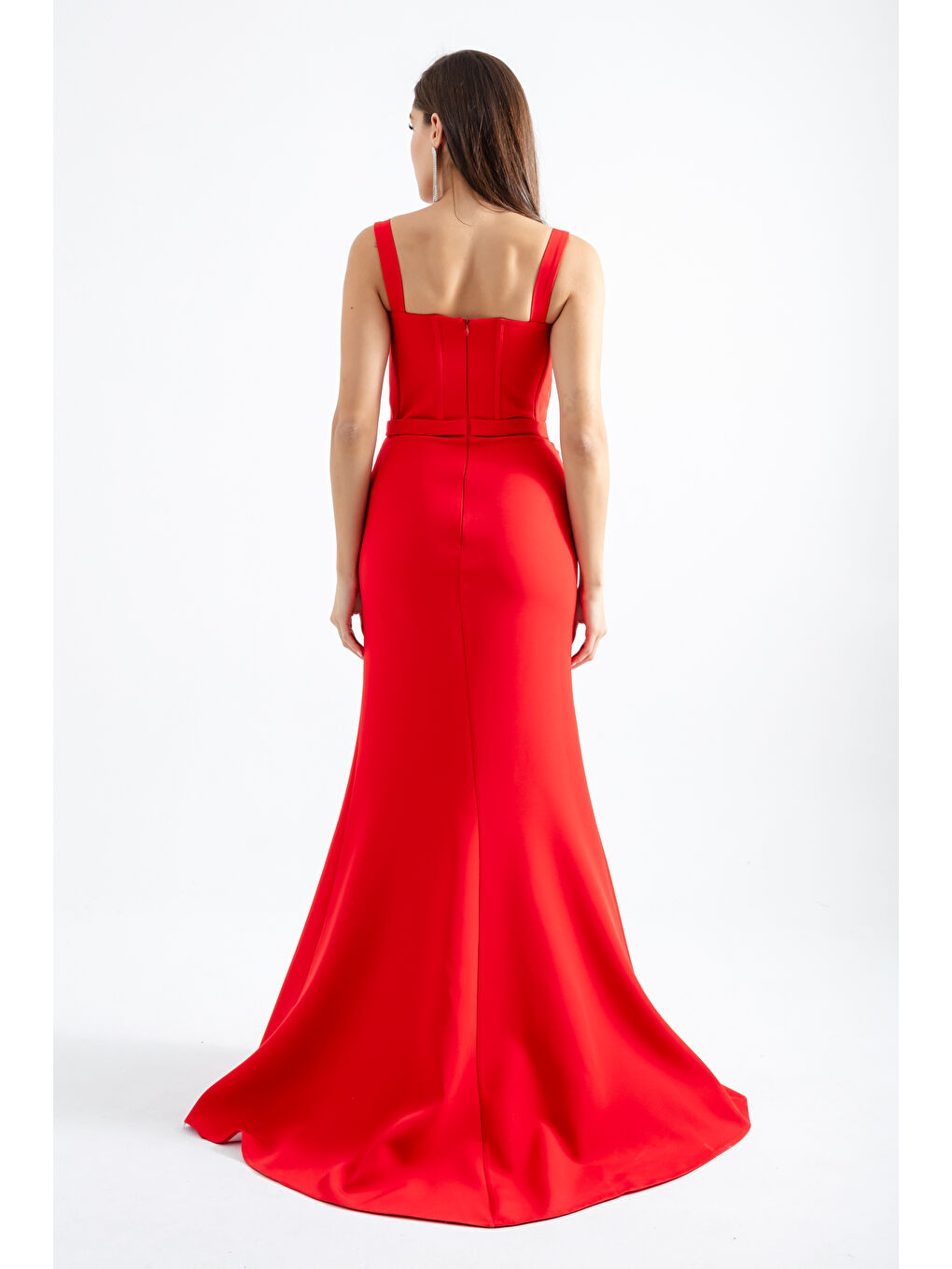 Kadın Kırmızı Taşlı Balen Korse Yırtmaçlı Uzun Abiye-4