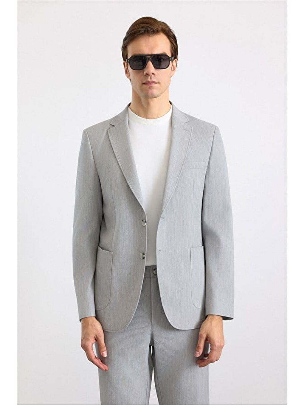 Gri Slim Mono Yaka Düz Torba Cep 6 Drop Takım Elbise-2
