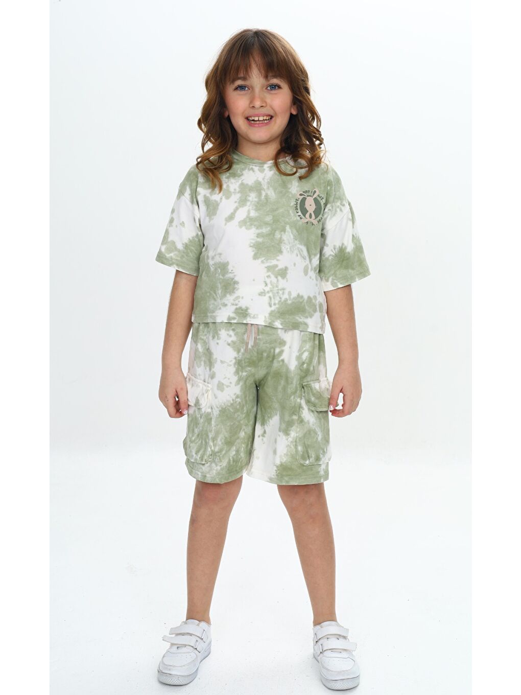 Yeşil Kız Çocuk Batikli Tavşan Baskılı Şortlu Takım-2