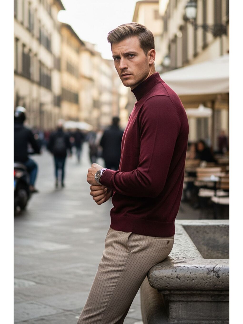 Bordo Lier Yarım Boğazlı Regular Fit Erkek Kazak Düz Triko-4