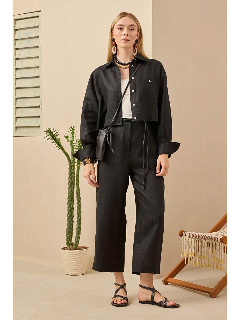 Keten Crop Gömlek Siyah-1