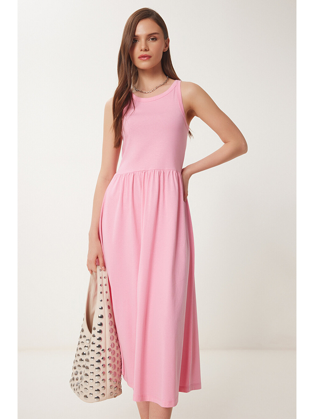 Pembe Halter Yaka Basic Yazlık Örme Elbise PEMBE LCR0053-1