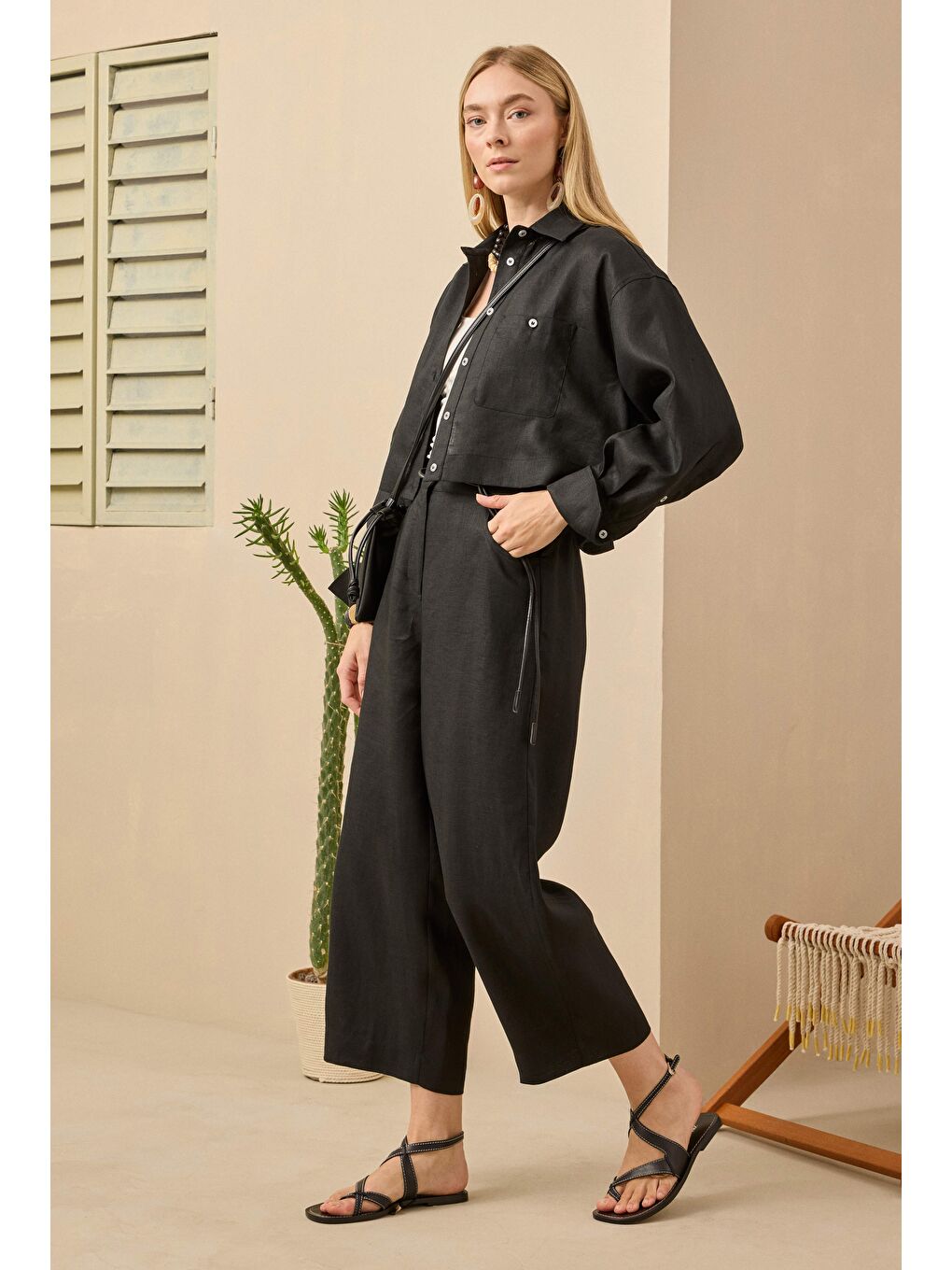 Keten Crop Gömlek Siyah-2