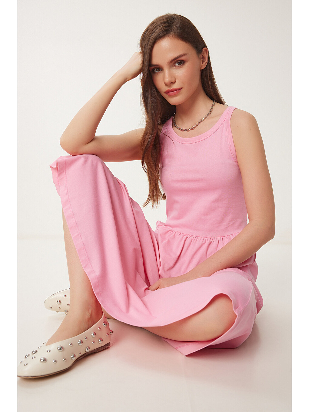 Pembe Halter Yaka Basic Yazlık Örme Elbise PEMBE LCR0053-2