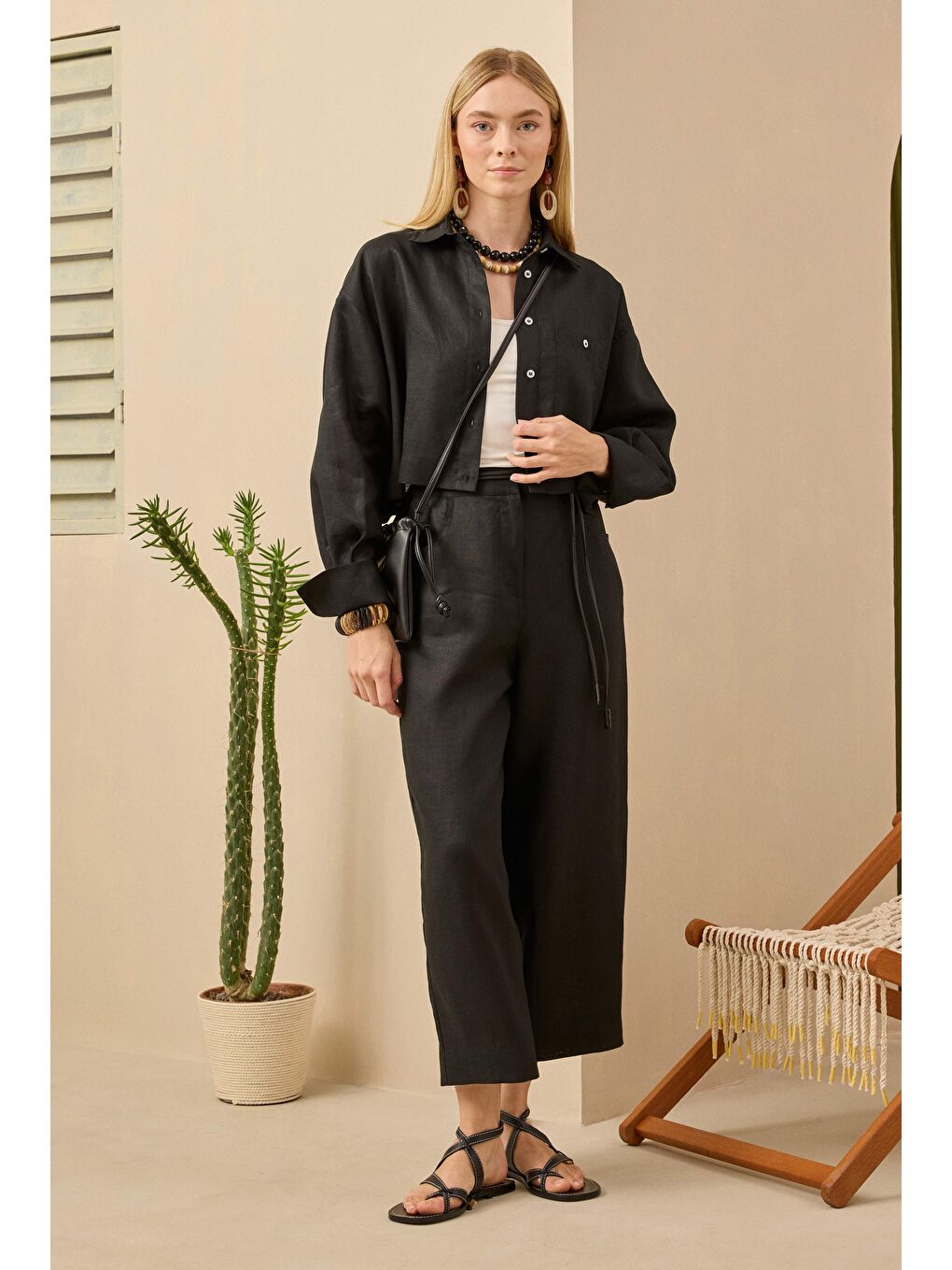 Keten Crop Gömlek Siyah-3