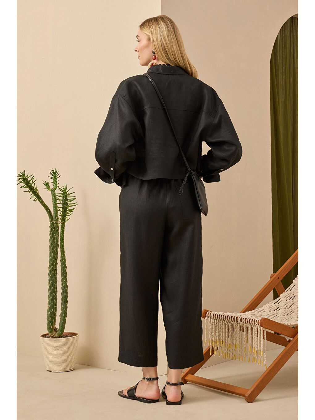 Keten Crop Gömlek Siyah-4