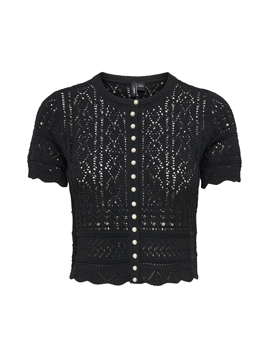 Siyah Onlelke Pamuklu Cropped Fit İnci Süslemeli Bisiklet Yaka Kadın Triko 15363050-5