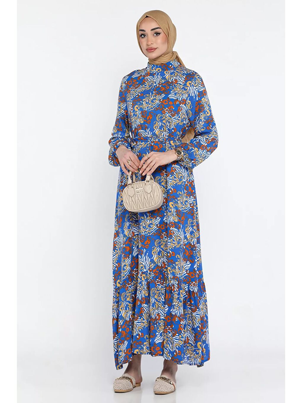 Turuncu Kuşaklı Desenli Tesettür Elbise