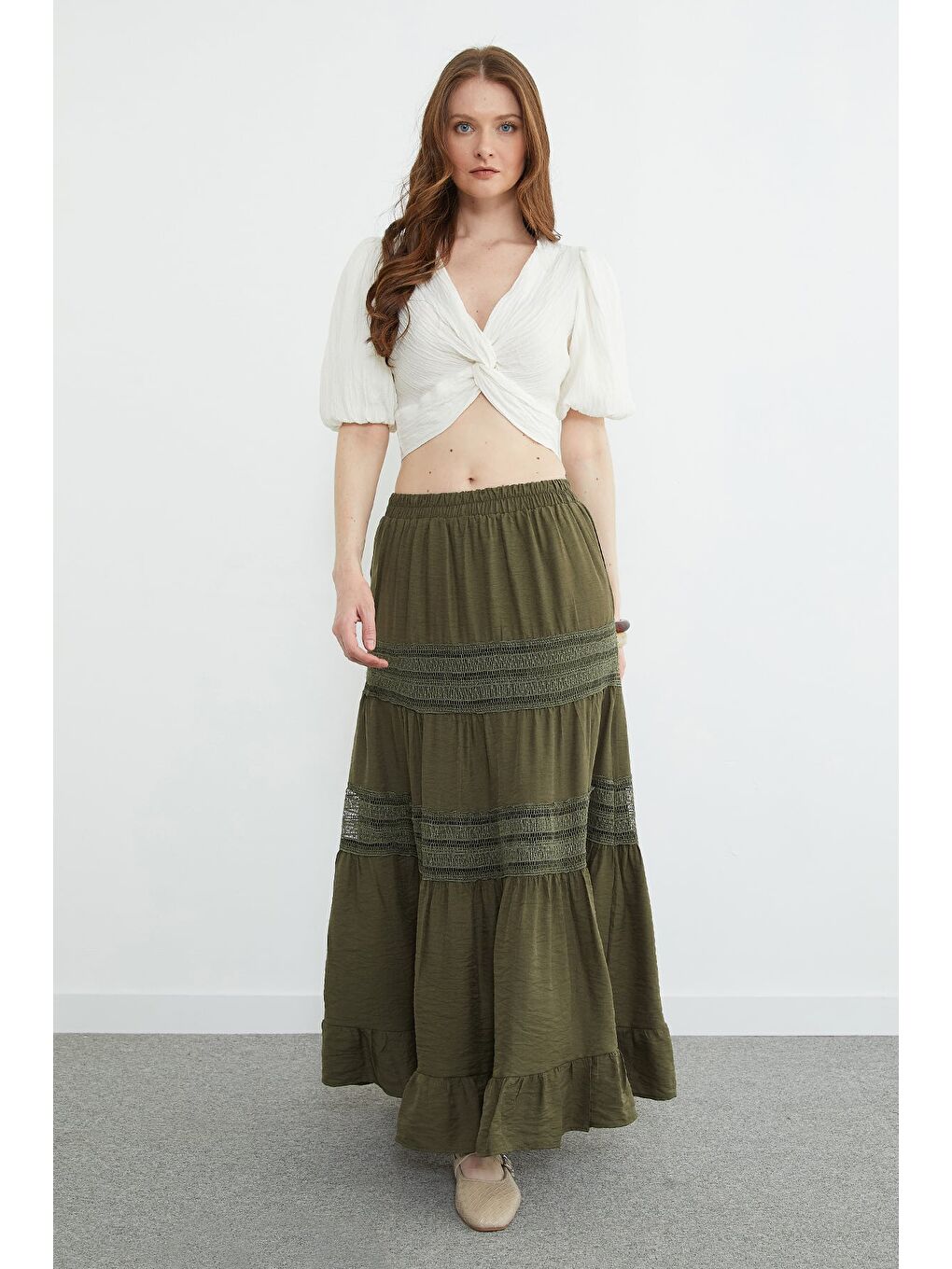 Haki Beli Lastikli Dantelli Maxi Boy Etek