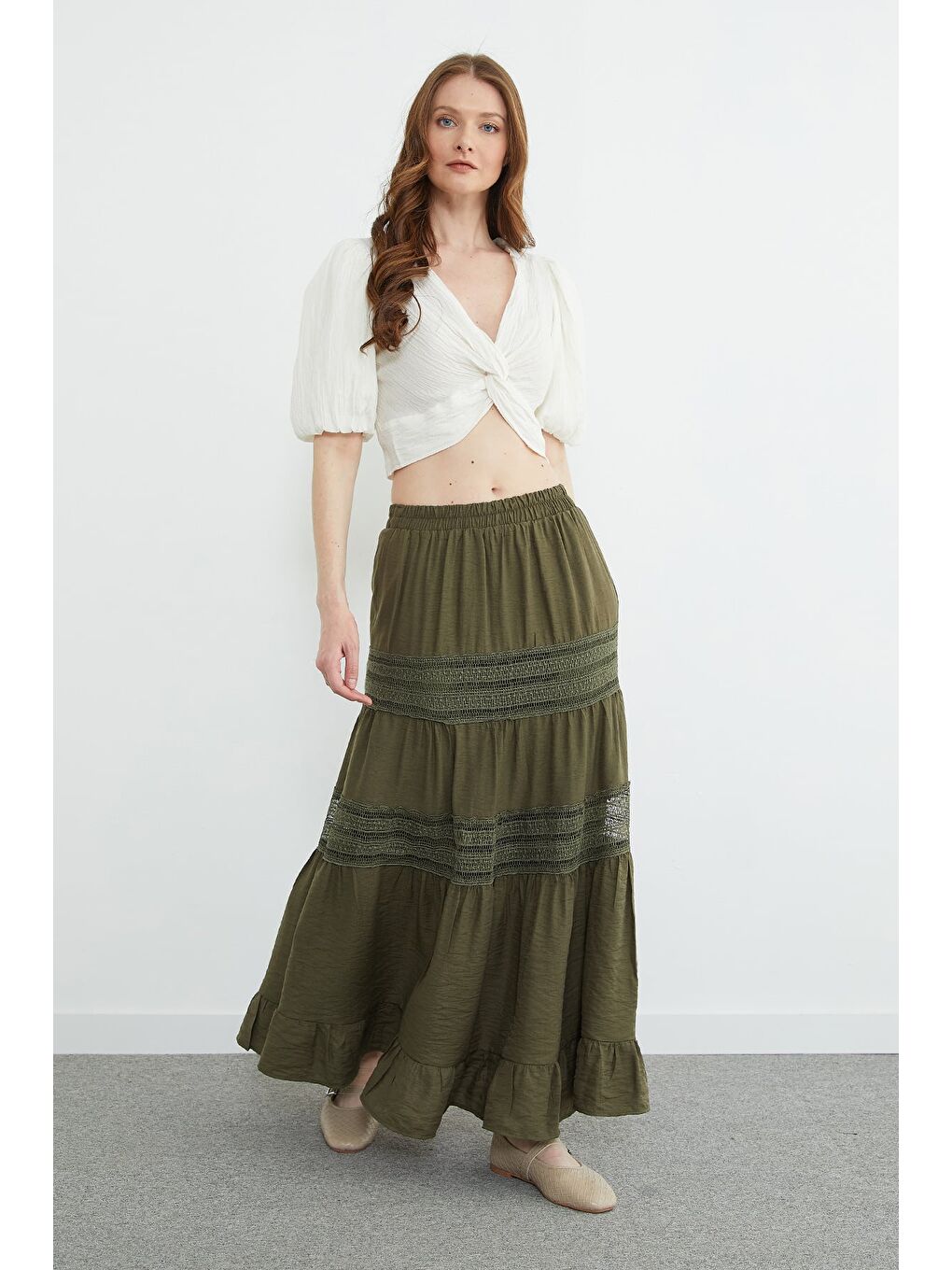 Haki Beli Lastikli Dantelli Maxi Boy Etek-1
