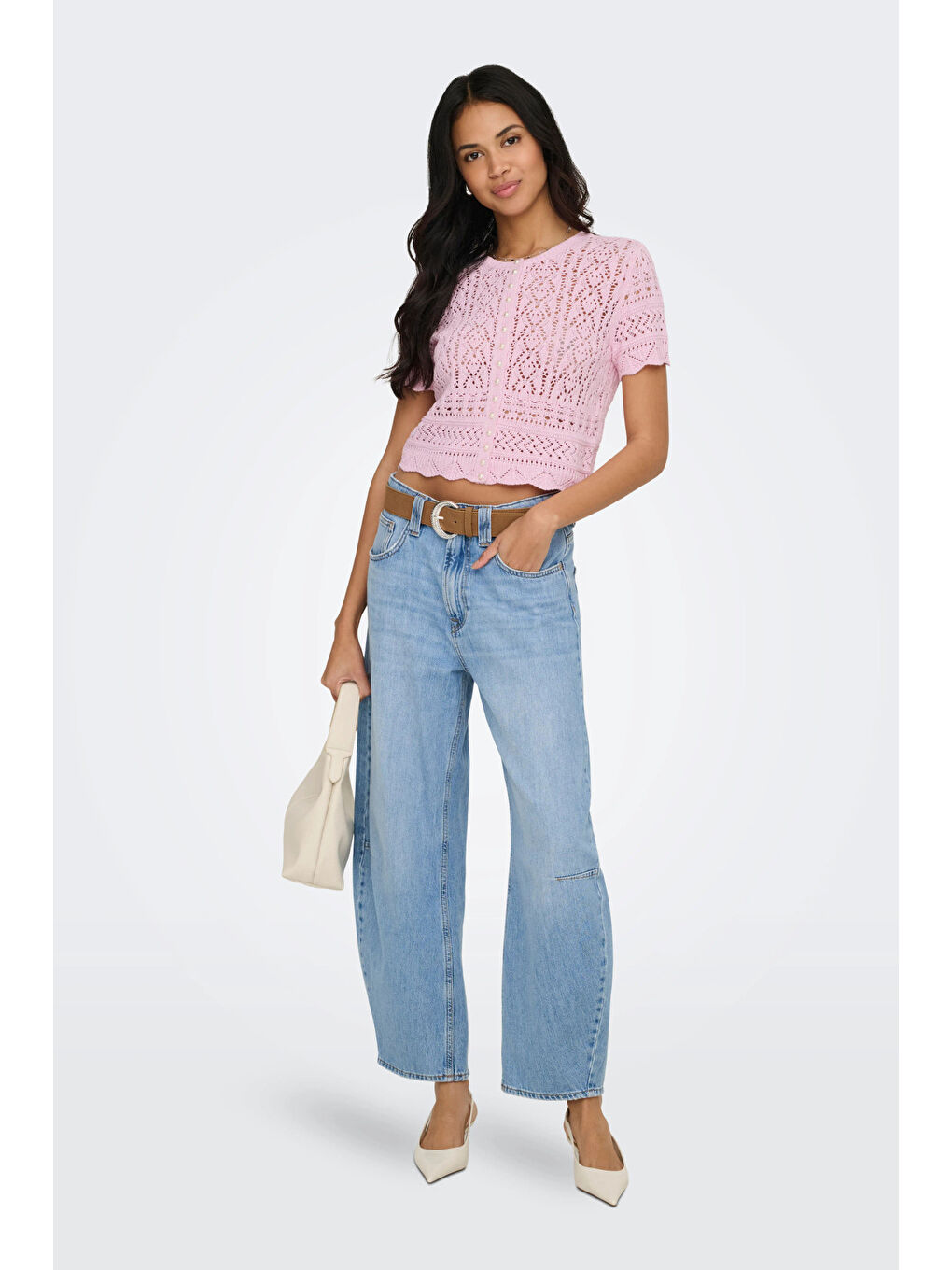 Pembe Onlelke Pamuklu Cropped Fit İnci Süslemeli Bisiklet Yaka Kadın Triko 15363050-1