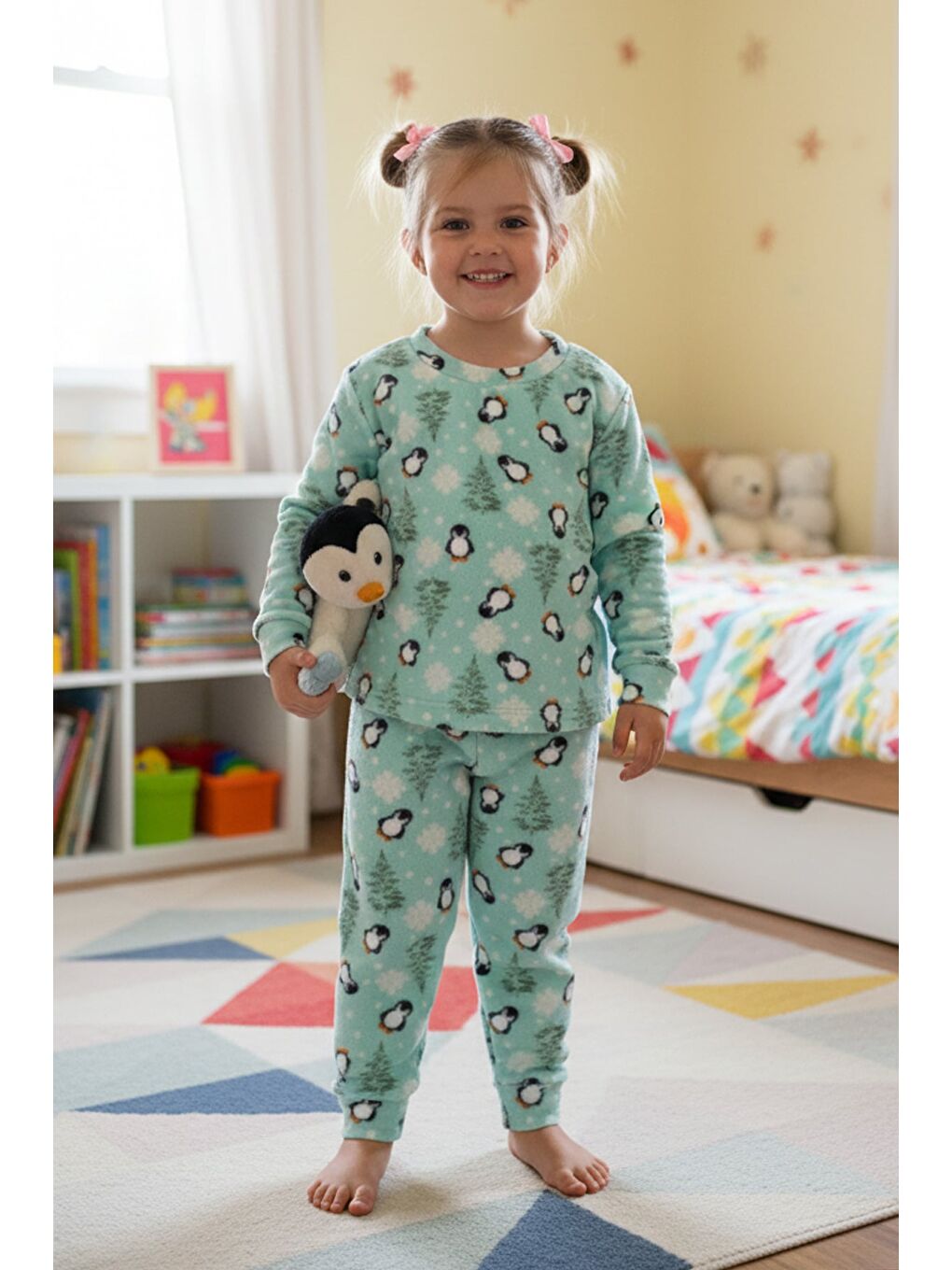 Yeşil Penguen Desenli Polar Unisex Çocuk Pijama Takımı