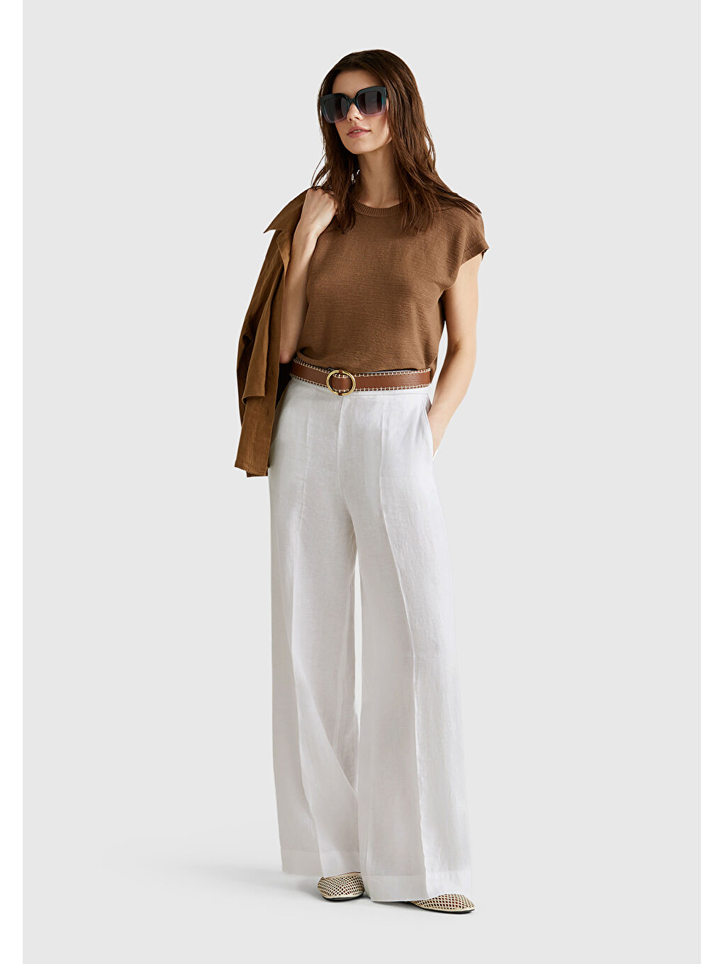 Kadın Beyaz %100 Keten Yan Cepli Arka Beli Lastikli Palazzo Pantolon-2