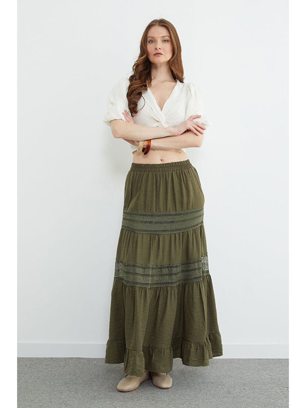 Haki Beli Lastikli Dantelli Maxi Boy Etek-2