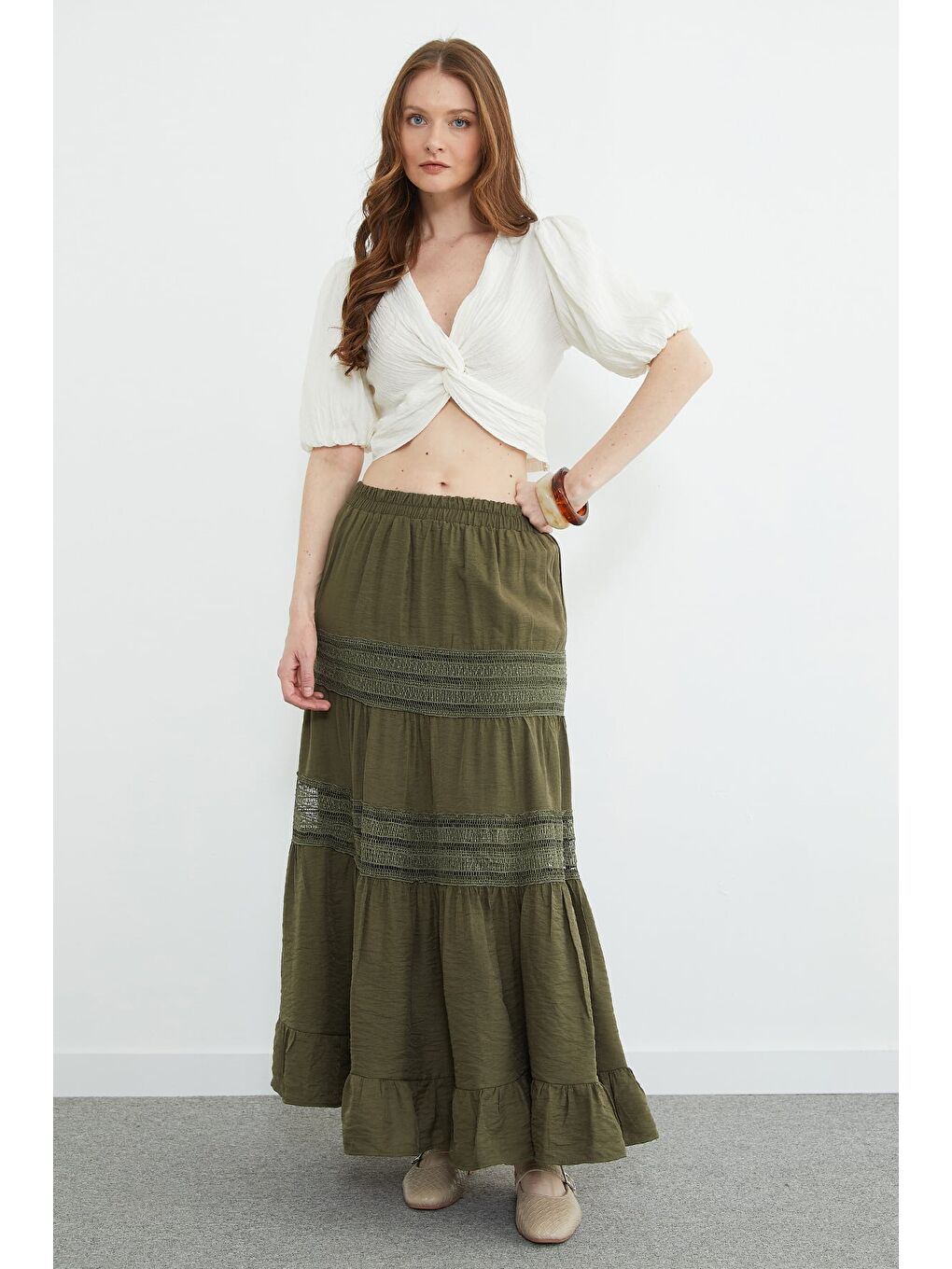 Haki Beli Lastikli Dantelli Maxi Boy Etek-3