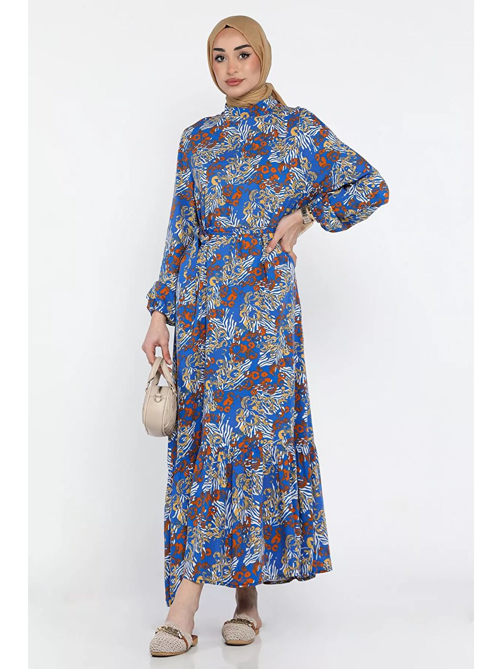 Turuncu Kuşaklı Desenli Tesettür Elbise-2