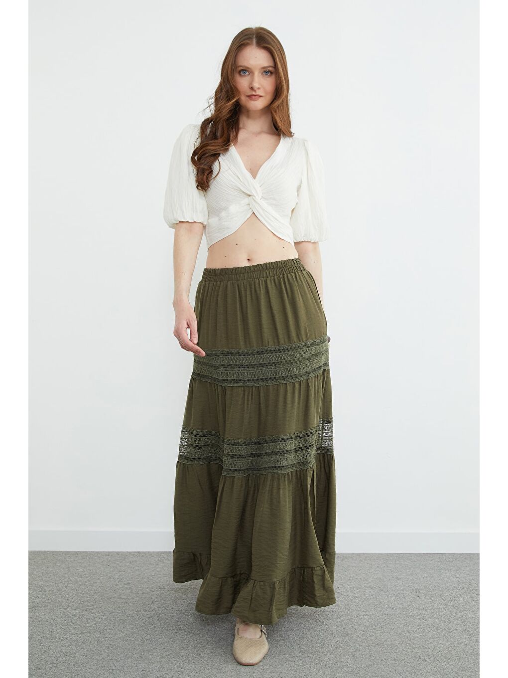 Haki Beli Lastikli Dantelli Maxi Boy Etek-4