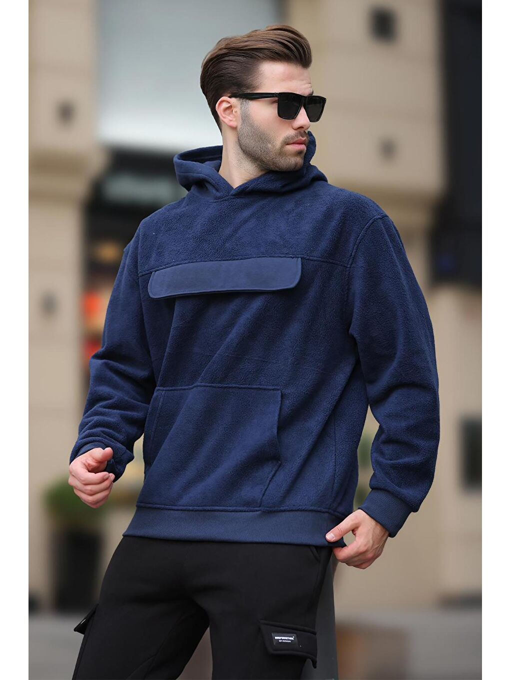 Madmext Lacivert Kapüşonlu Kapaklı Cep Detaylı Polar Erkek Sweatshirt 7097 - 1