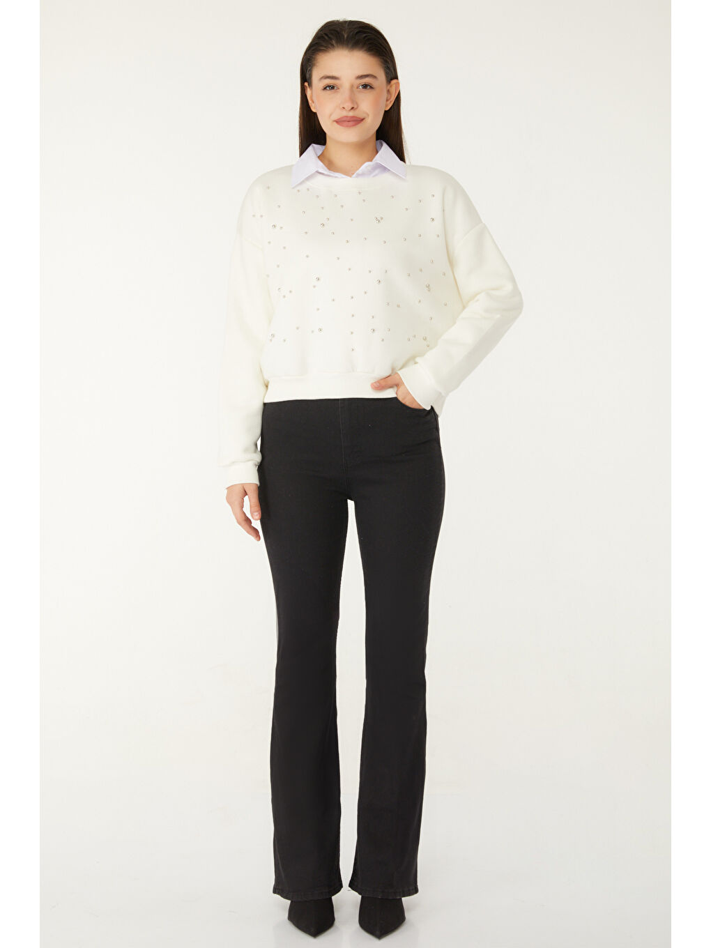 Boncuklu Sweatshirt Beyaz - 26541