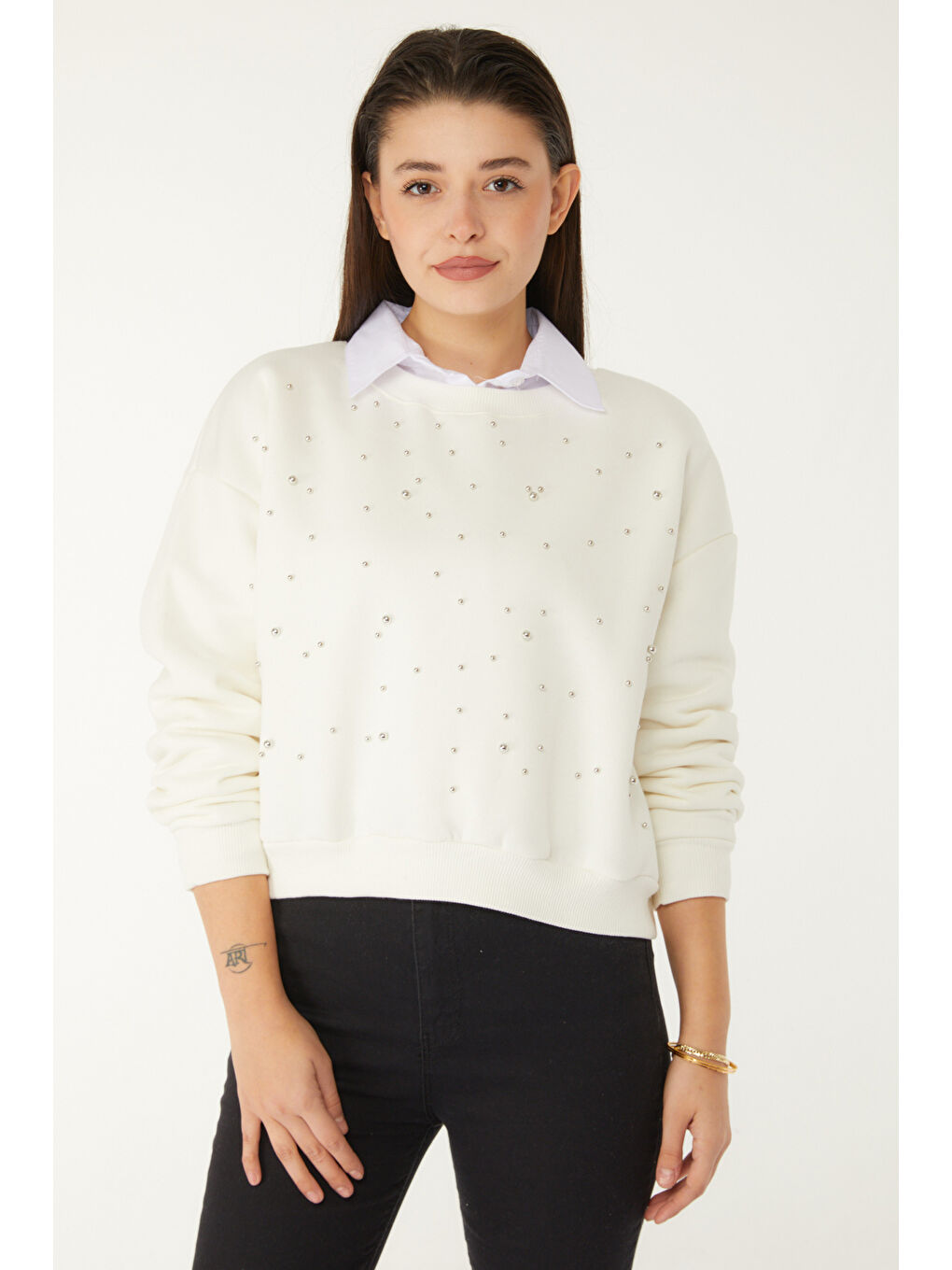 Boncuklu Sweatshirt Beyaz - 26541-1