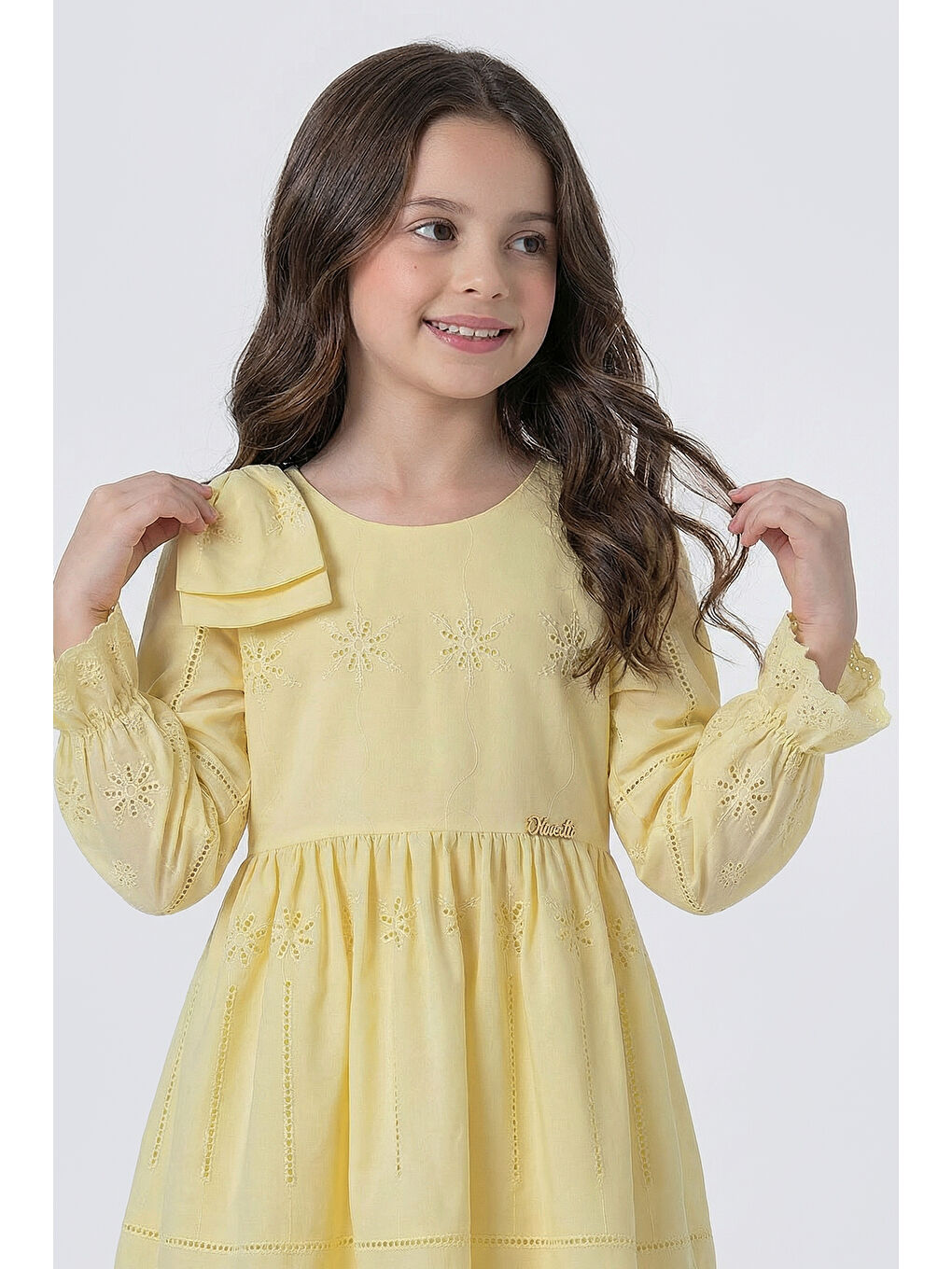 Sarı Kız Çocuk Omzu Fiyonk Detaylı Uzun Kollu Fisto Elbise-2
