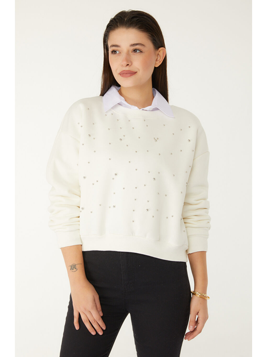 Boncuklu Sweatshirt Beyaz - 26541-2